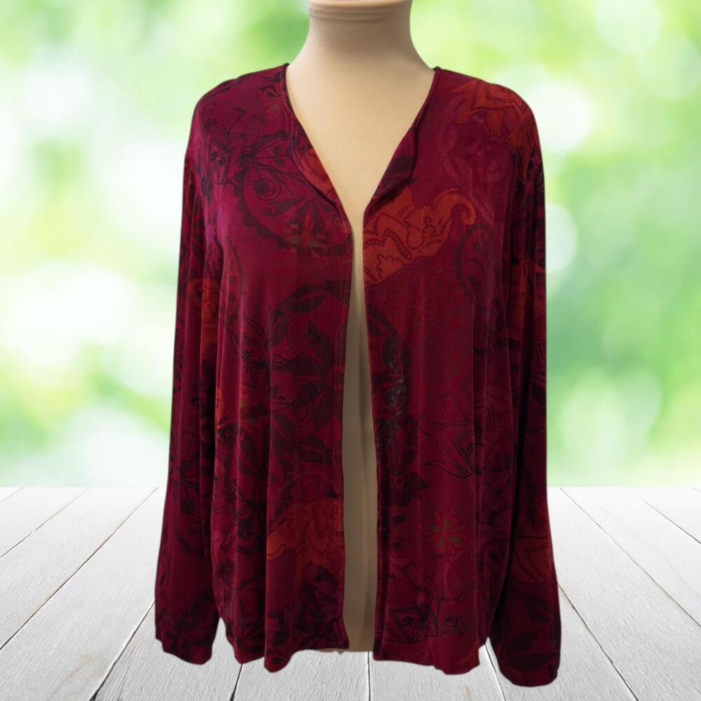 Vtg CHICOS Travelers Open Jacket Elephant Print Slinky Knit Red USA Size 3 (XL)